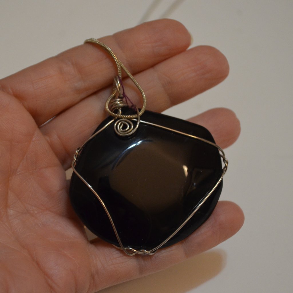 Necklace With Pendant Black Natural Druzy Stone 2'x2' Wired Chain Silvertone~10'